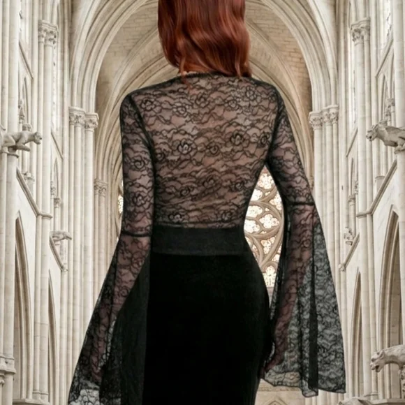 Black Lace Bell Sleeve Gothic Crop Top with Burgundy Lining - Picture 3 of 4